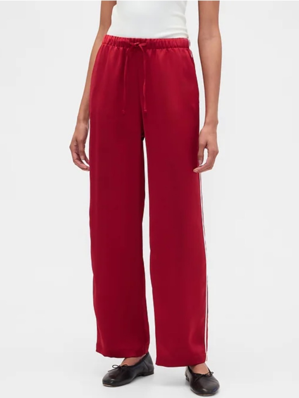 GAP Red Satin Wide-Leg Track Pants with Side Stripes TALL - Picture 3 of 8